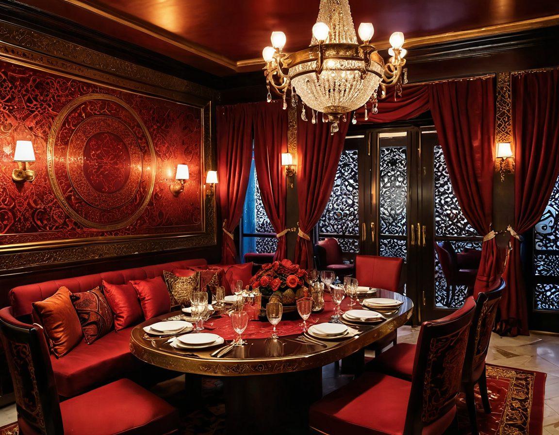 A luxurious setting featuring elegantly arranged wine glasses filled with rich, deep red wine, surrounded by traditional Arabic decor such as intricate patterns and vibrant textiles. In the background, suggestive silhouettes of dancers in flowing garments highlight the adult entertainment theme. Warm, inviting lighting casts a sensual glow, creating an atmosphere of indulgence and allure. super-realistic. vibrant colors. elegant ambiance.