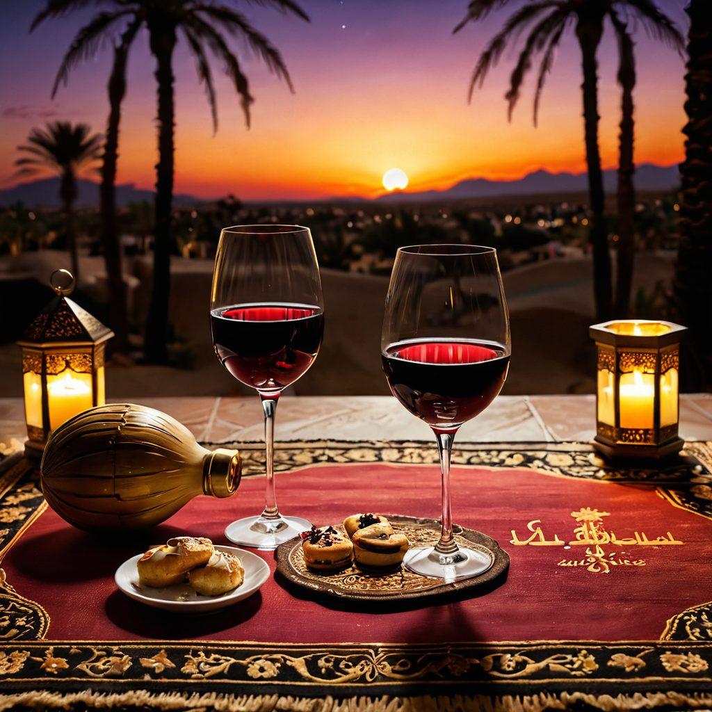 A luxurious wine glass filled with deep red wine sits on an ornate Arabic carpet, surrounded by golden Arabic script that swirls elegantly. In the background, a moonlit desert landscape unfolds, with shadows of palm trees gently swaying. Delicate petite pastries and incense burners, all while a silhouette of a couple toasting in the distance, capturing a moment of intimacy. warm tones. super-realistic. vibrant colors.