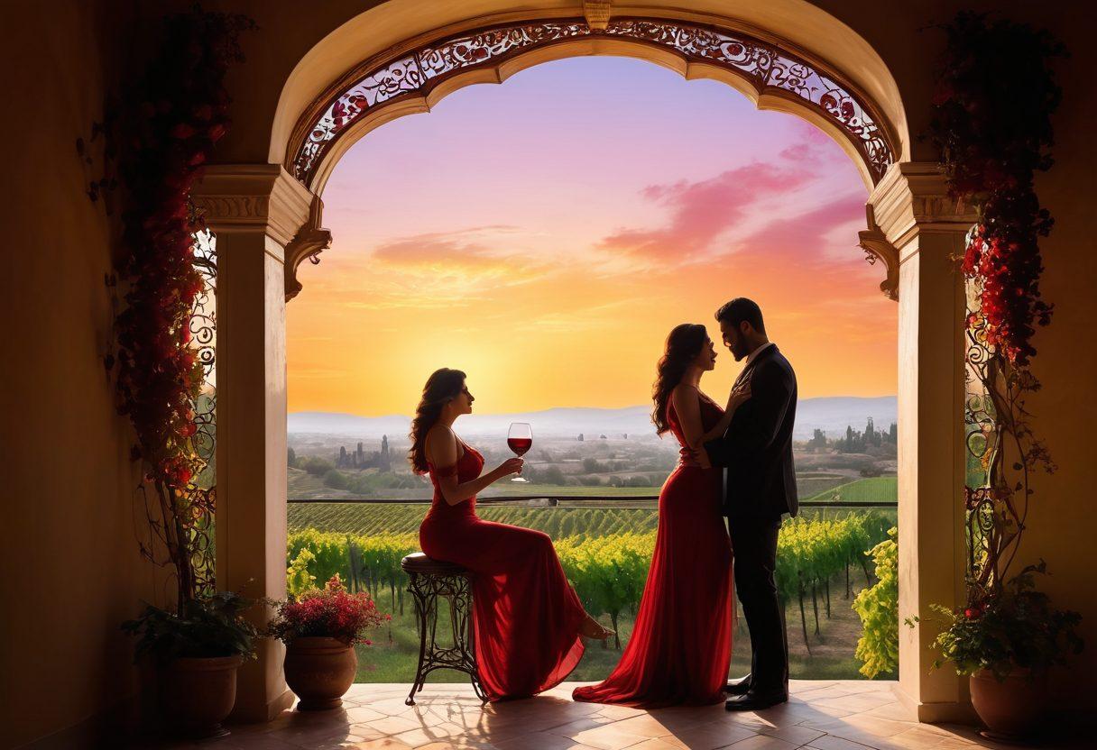 A lush vineyard under a golden sunset, with voluptuous grapes hanging heavily from the vines. Sensual silhouettes of two lovers intertwined among the grapevines, sharing a glass of deep red wine. Exotic Middle Eastern architecture in the background, embellished with ornate details. The atmosphere is warm and inviting, evoking a sense of passion and romance. super-realistic. vibrant colors. soft focus.